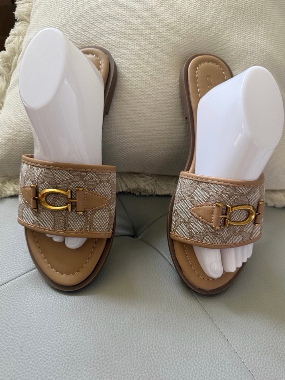 Coach Tan Signature Jacquard Slide Sandals with Gold Hardware
